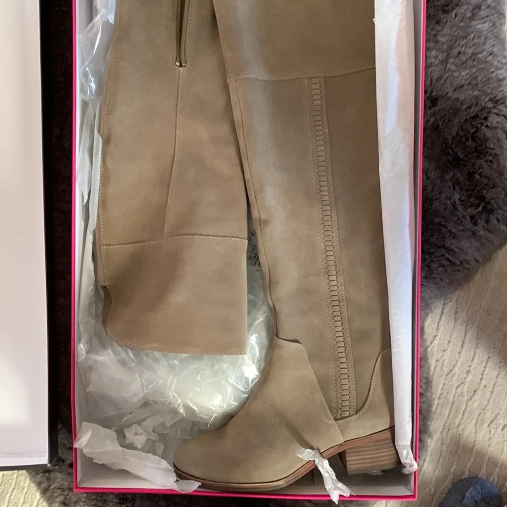 Suede Over-the-Knee Block Heel Boots - Beige